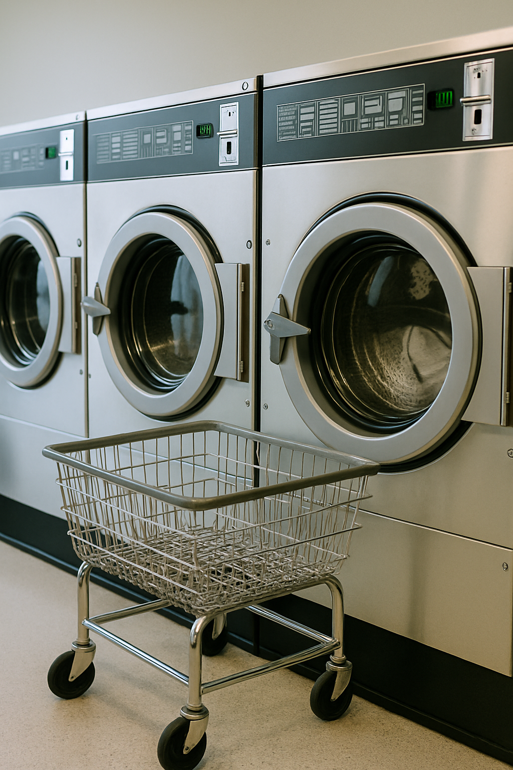 Coin Laundrette - Commercial washing machines with laundry cart