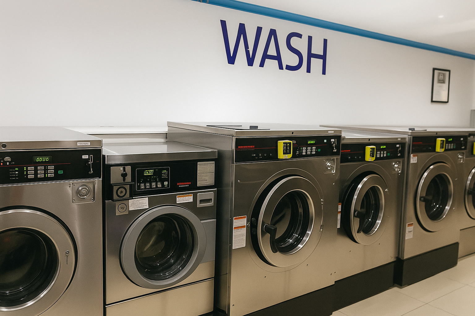 Professional commercial washing machines at Newport Laundry facility